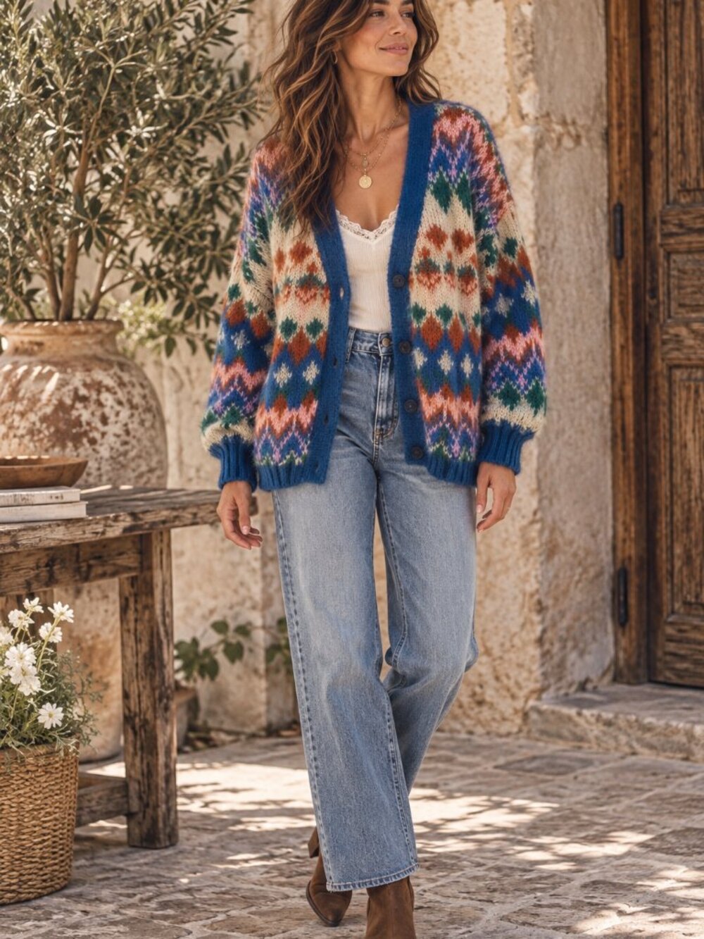 Cotton On Fair Isle Cardigan Womens L Colorful Oversized Nordic Knit Sweater